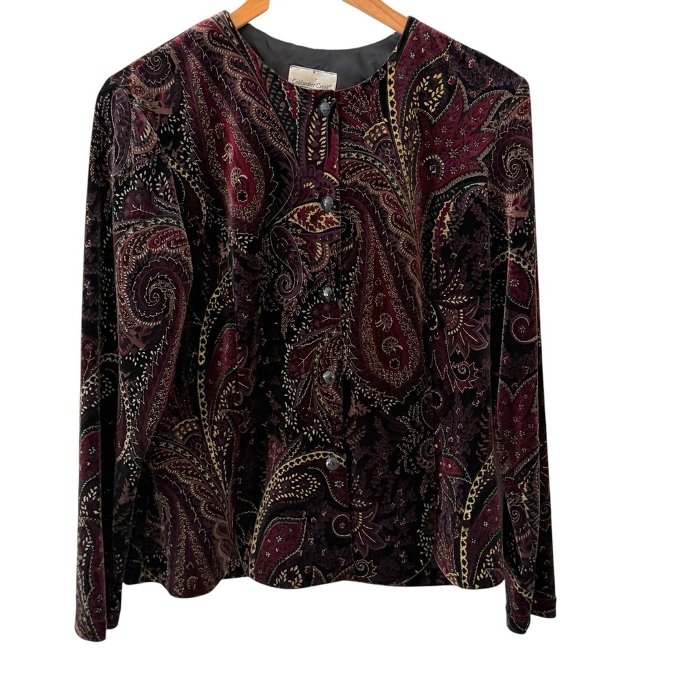Coldwater Creek Velvet Paisley Jacket Womens M Red Black Evening Old Money Party